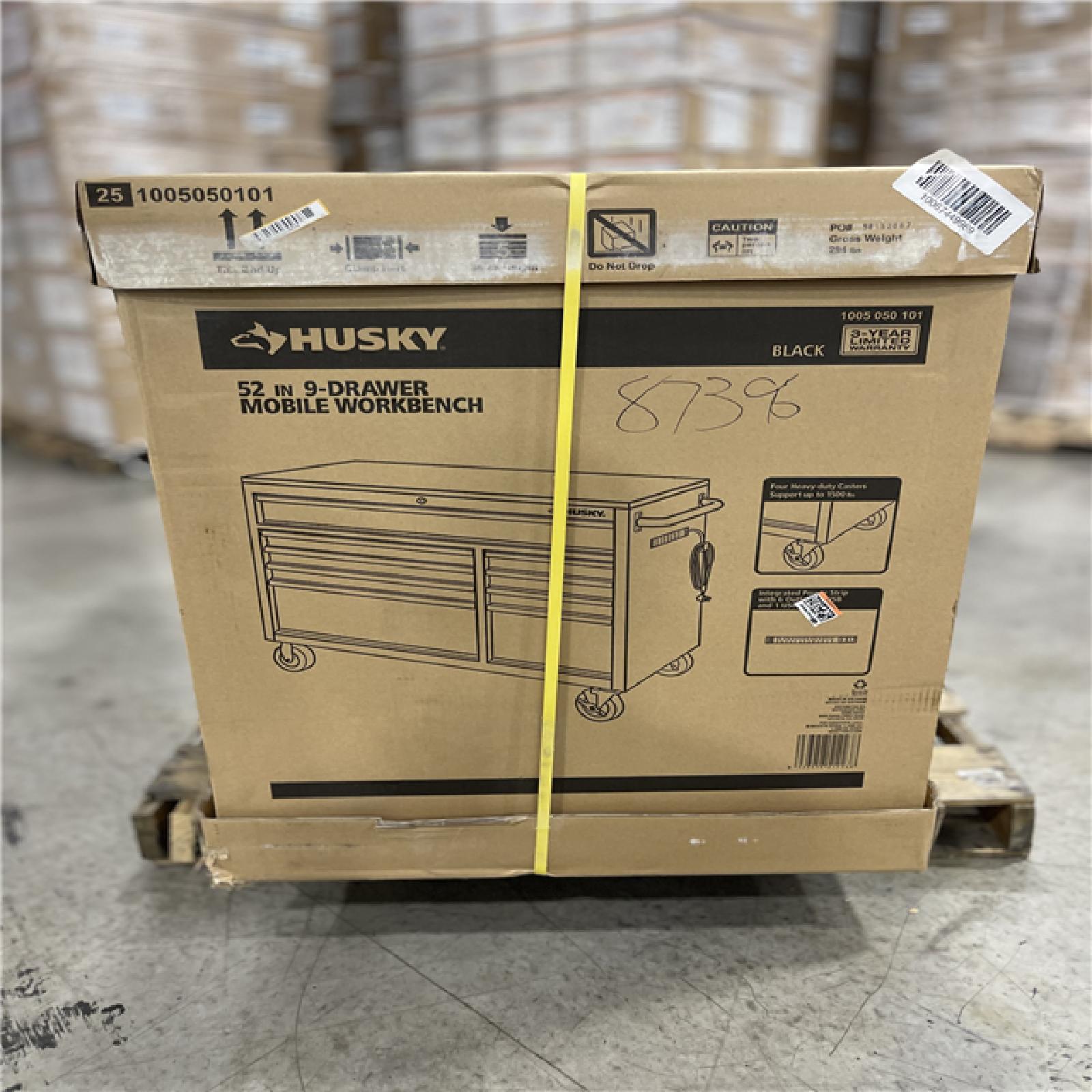 DALLAS LOCATION - Husky 52 in. W x 25 in. D Standard Duty 9-Drawer Mobile Workbench Tool Chest with Solid Wood Top in Gloss Black