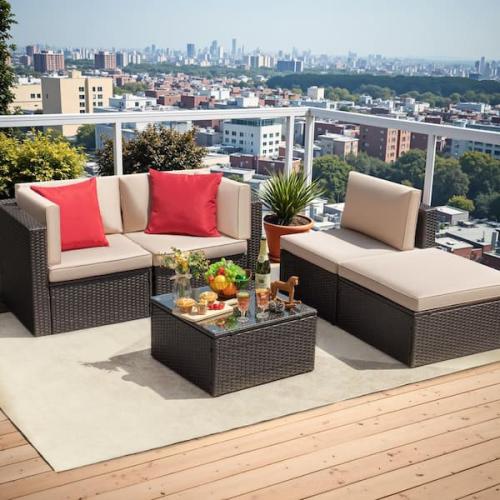 Phoenix NEW Tozey 5-Pieces Wicker Patio Conversation Set Outdoor Rattan Sofa with Glass Coffee Table and Beige Cushions