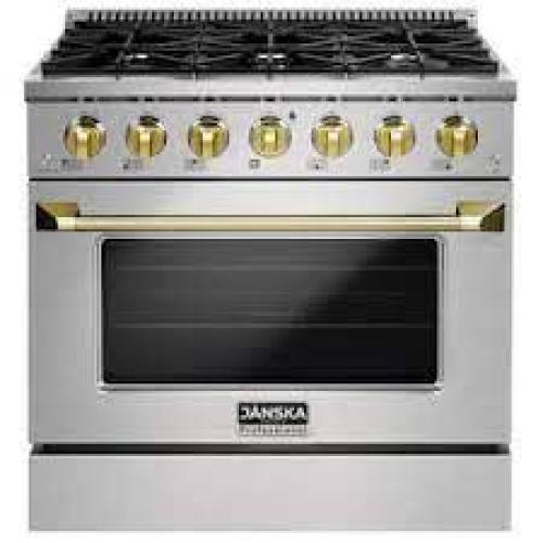 Phoenix Location NEW JANSKA 36 in. 5.2 cu. ft. 6 Burners Gas Range and Convection Oven with Gold Knobs and Handle in Stainless Steel
