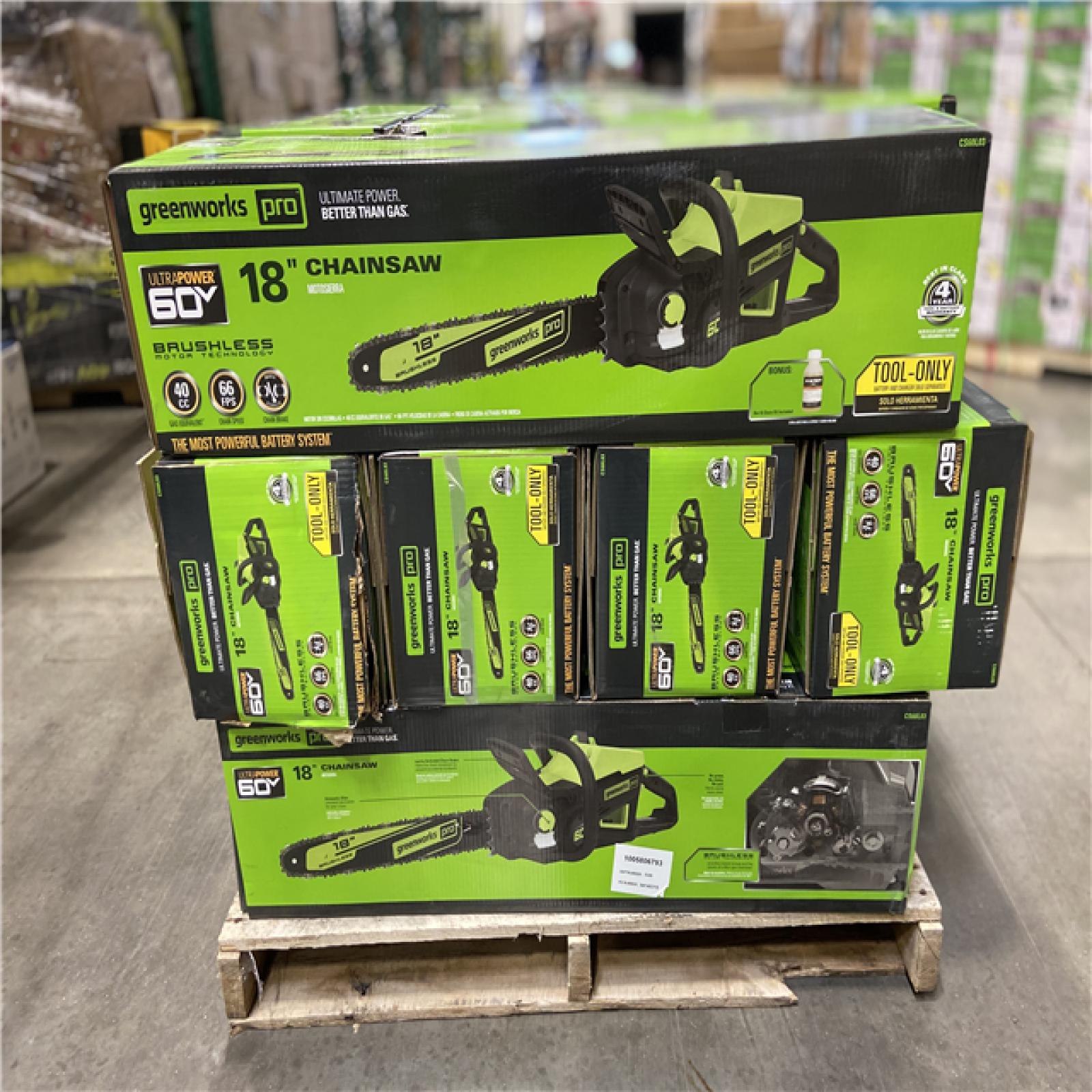 DALLAS LOCATION - Greenworks Pro Bare Tool 60-Volt Max Lithium Ion 18-Inch GEN2 Brushless Cordless Electric Chainsaw; Battery and Charger Not Included 15 (UNITS)