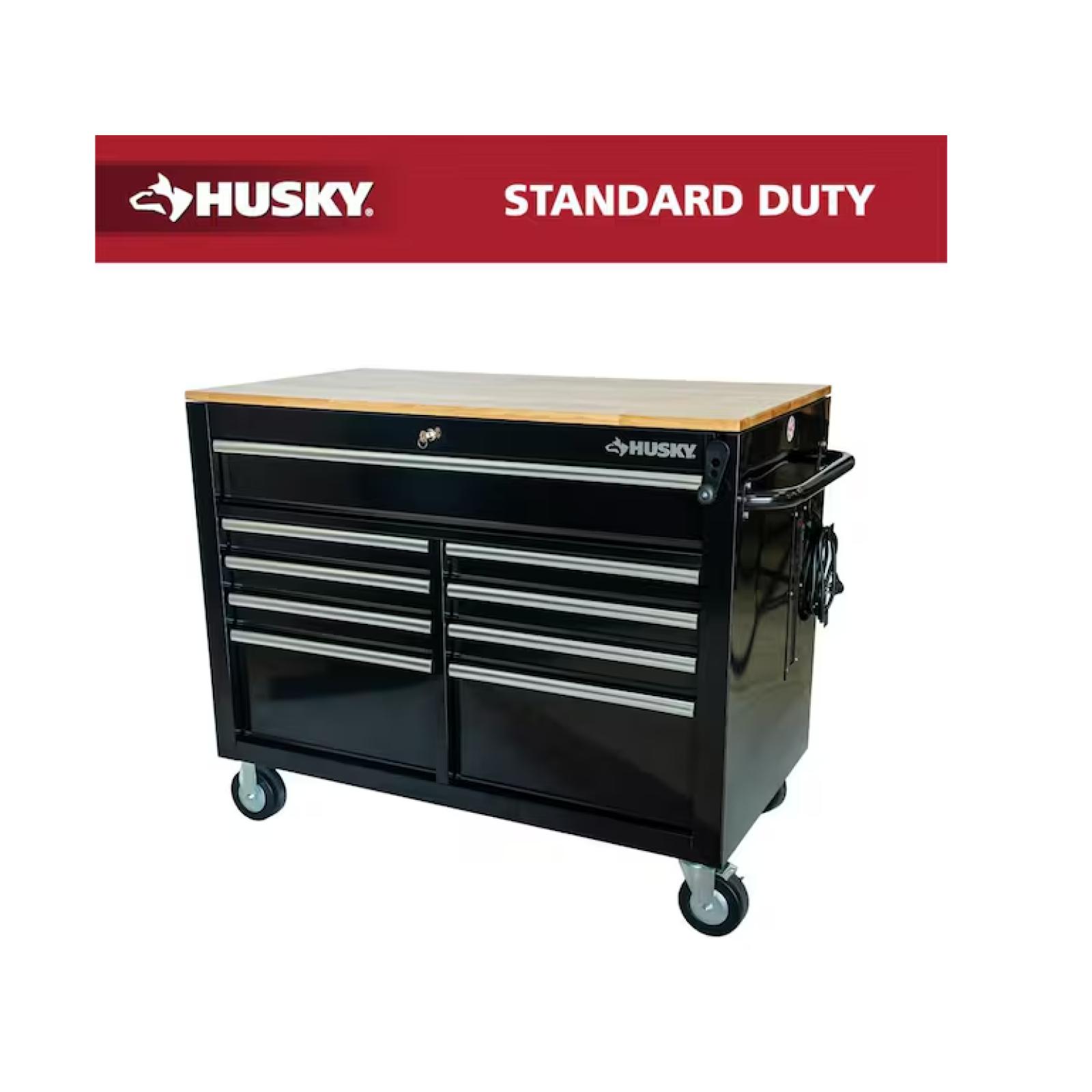 DALLAS LOCATION - Husky 46 in. x 25 in. D 9-Drawer Mobile Workbench with Adjustable Height Wood Top in Gloss Black