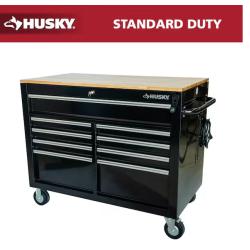 DALLAS LOCATION - Husky 46 in. x 25 in. D 9-Drawer Mobile Workbench with Adjustable Height Wood Top in Gloss Black