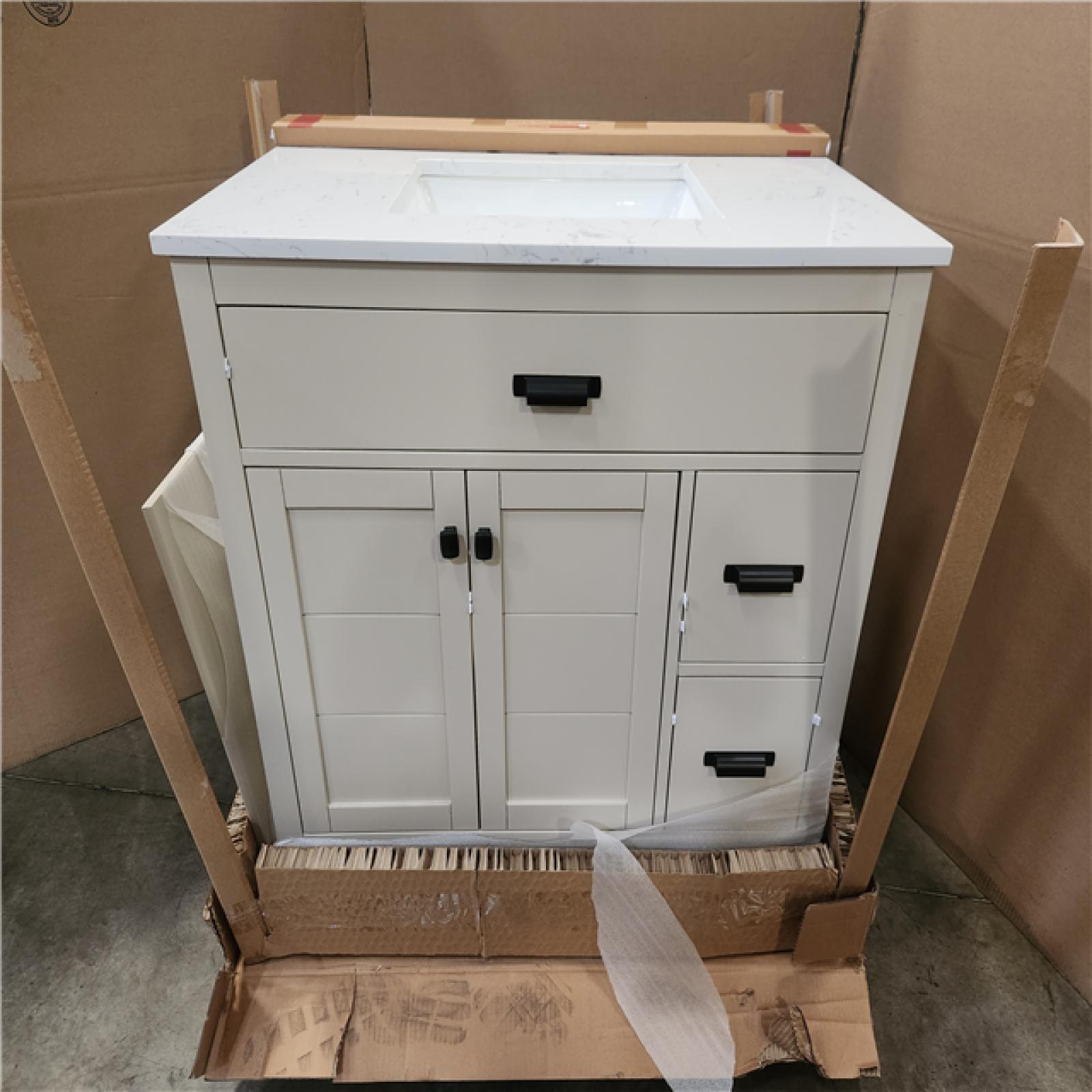 Phoenix Home Decorators Collection Stanhope 37 in. Single Sink Even Better Beige Bath Vanity with Carrara White Engineered Stone Top (Assembled) (Cracked Marble)