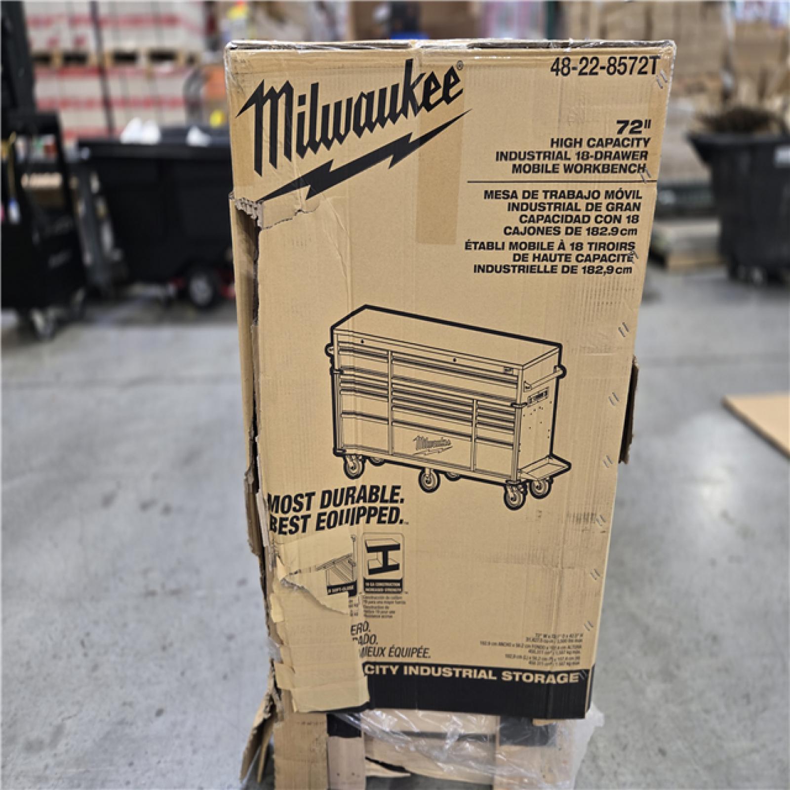 DALLAS LOCATION - AS-IS MILWAUKEE High Capacity 72 in. W x 22.1 in. D 18-Drawer Mobile Workbench Cabinet with Solid Wood Top