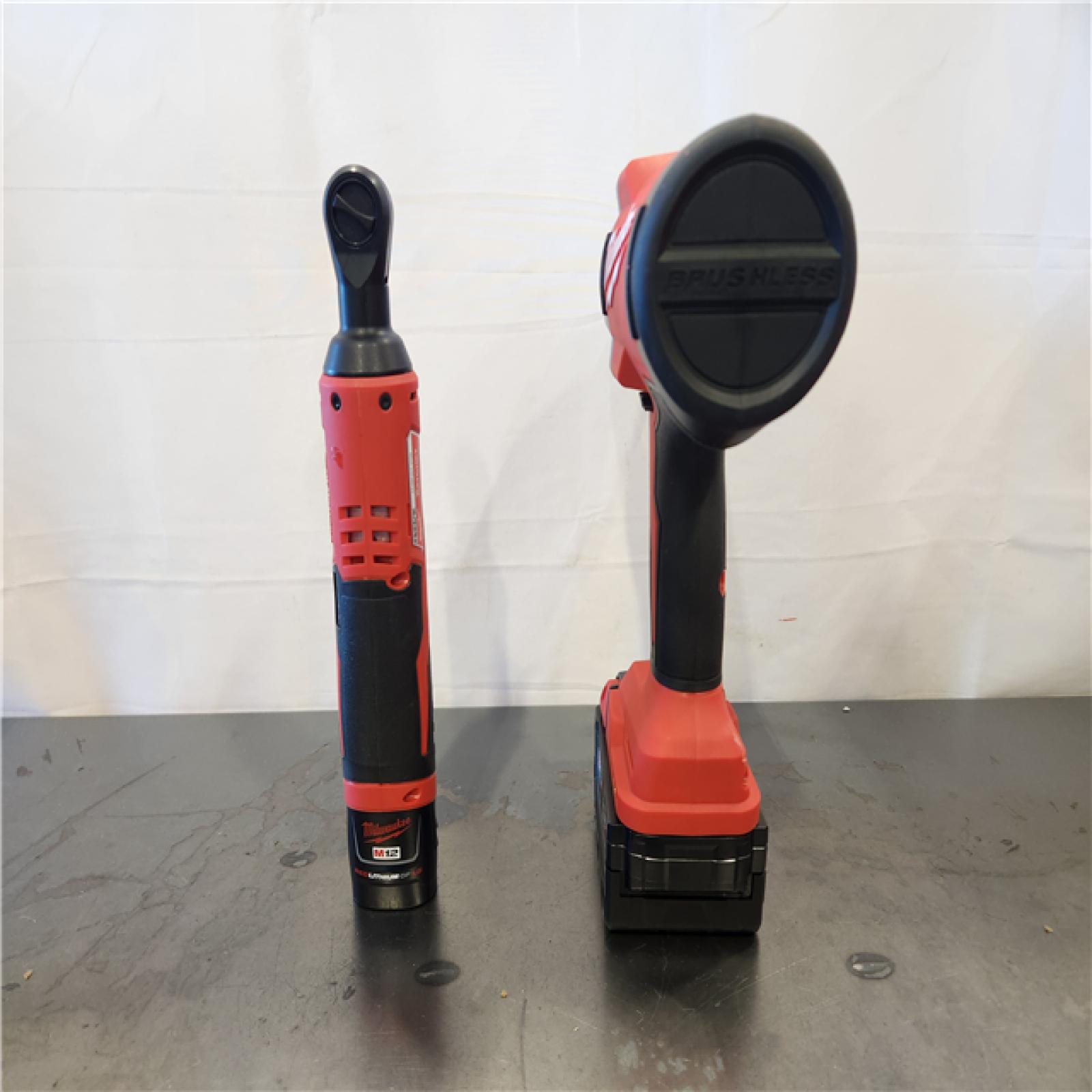 AS-IS- Milwaukee 12/18V Lithium-Ion Cordless 3/8 in. Ratchet and 1/2 in. High Torque Impact Wrench with Friction Ring Combo Kit