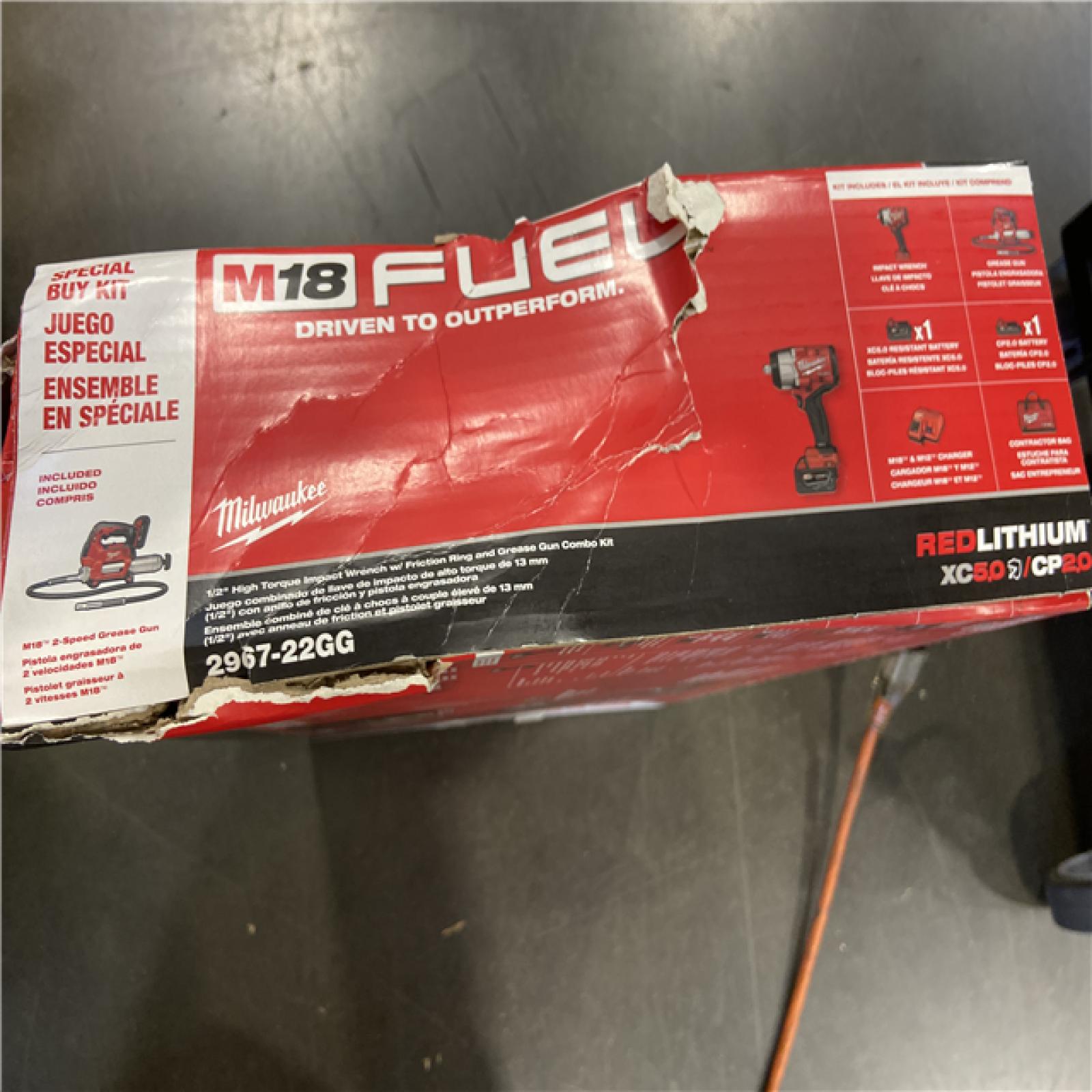 AS-IS Milwaukee M18 FUEL 18V Lithium-Ion Brushless Cordless High Torque 1/2 in. Impact Wrench w/ Friction Ring & Grease Gun Combo Kit