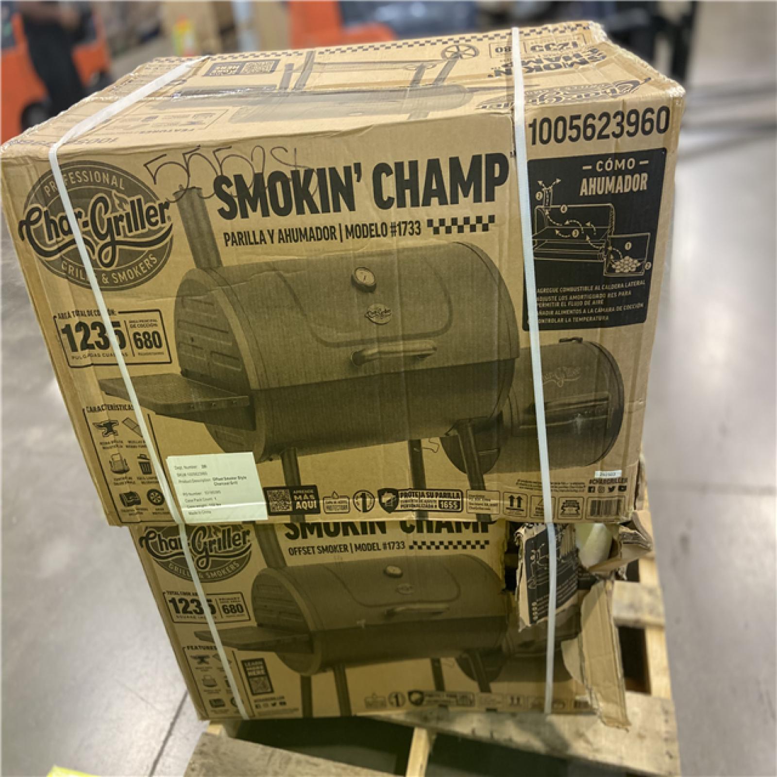 DALLAS LOCATION - Char-Griller Smokin' Champ Charcoal Grill Offset Smoker in Black with Charcoal Tray and Dual Damper Controls 2 UNITS