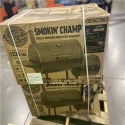 DALLAS LOCATION - Char-Griller Smokin' Champ Charcoal Grill Offset Smoker in Black with Charcoal Tray and Dual Damper Controls 2 UNITS