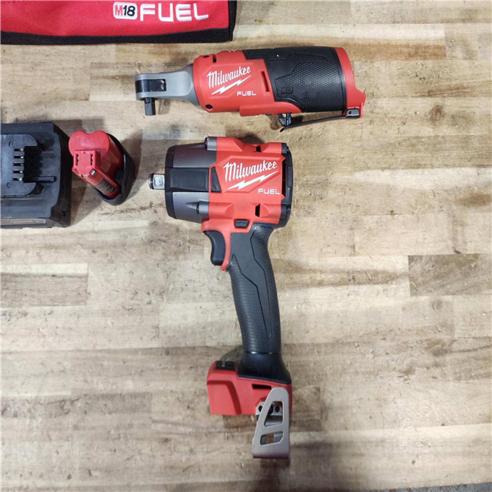 HOUSTON LOCATION - AS - IS Milwaukee FUEL 18V Cordless Mid Torque 1/2 in. Impact Wrench w/ M12 FUEL 3/8 in. Ratchet & Battery/Charger Combo Kit