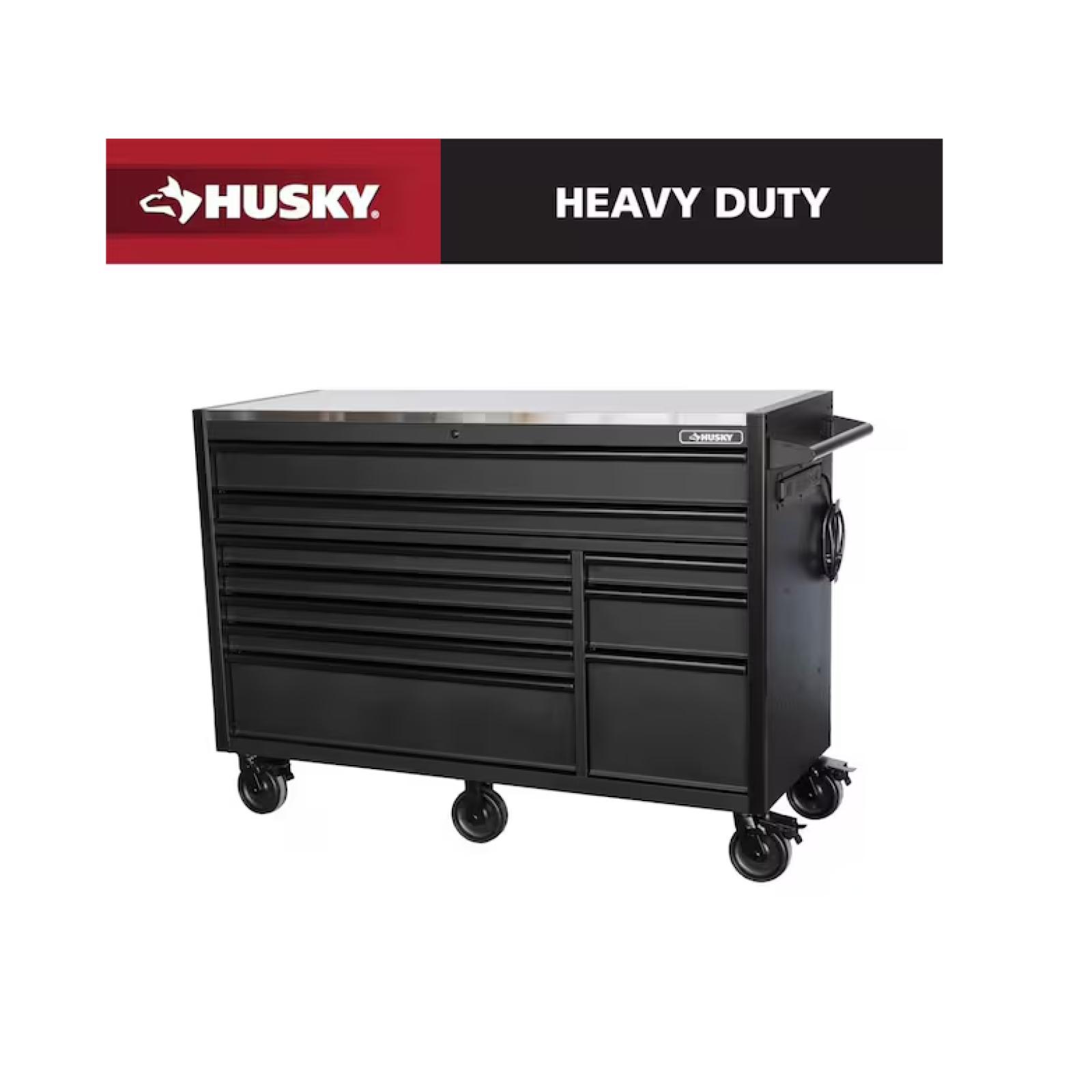 DALLAS LOCATION- Husky Modular Tool Storage 62 in. W X 24 in. D Heavy Duty Matte Black Mobile Workbench Cabinet with Stainless Steel Top