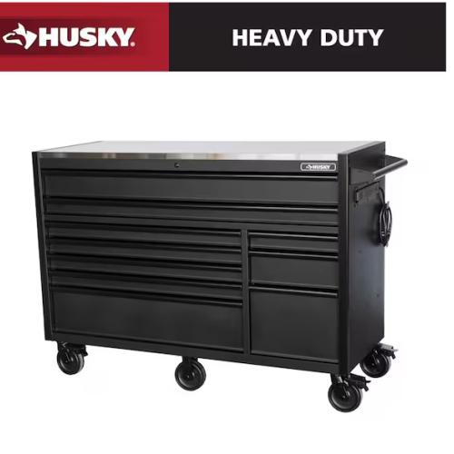 DALLAS LOCATION- Husky Modular Tool Storage 62 in. W X 24 in. D Heavy Duty Matte Black Mobile Workbench Cabinet with Stainless Steel Top
