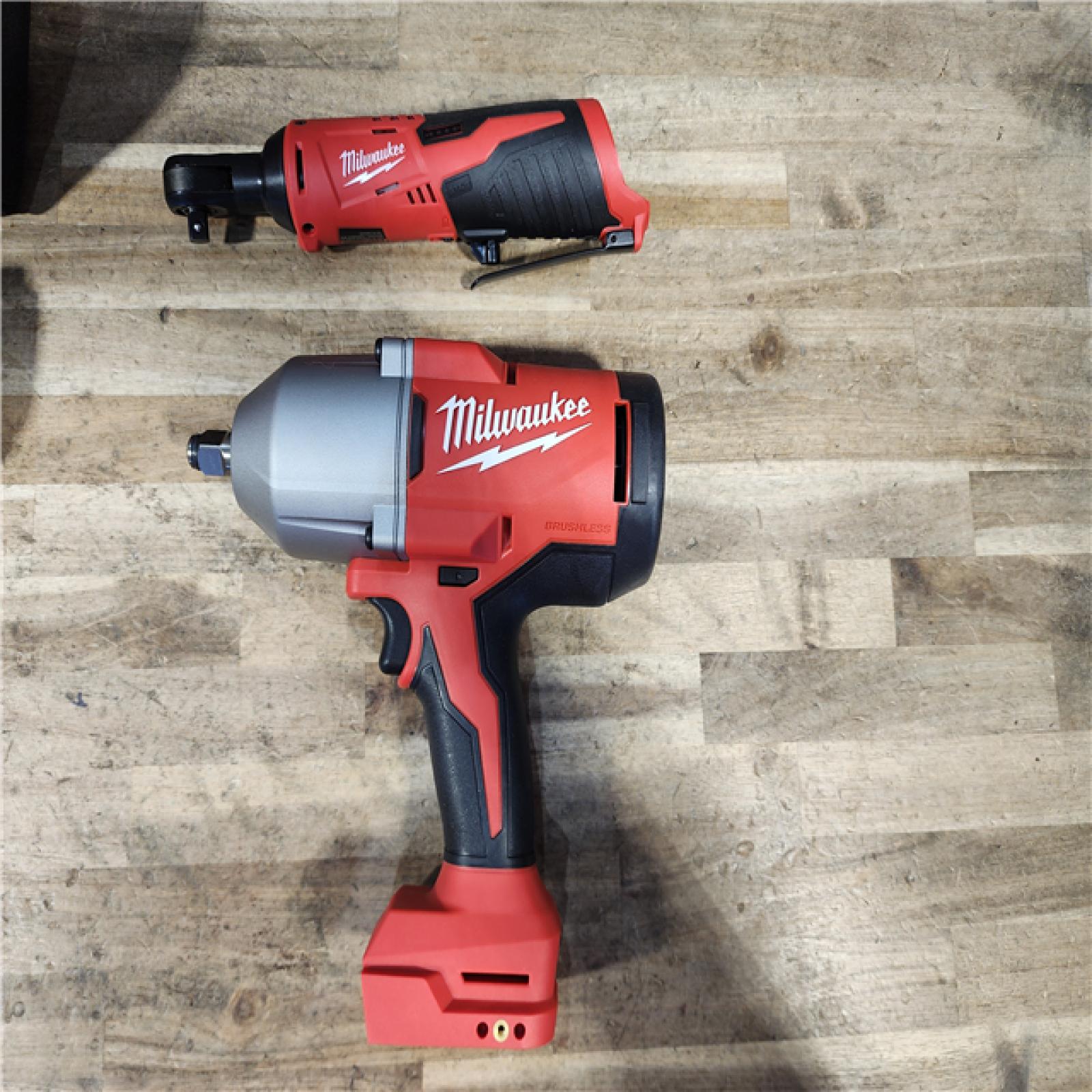 HOUSTON LOCATION - AS-IS Milwaukee 12/18V Lithium-Ion Cordless 3/8 in. Ratchet and 1/2 in. High Torque Impact Wrench with Friction Ring Combo Kit