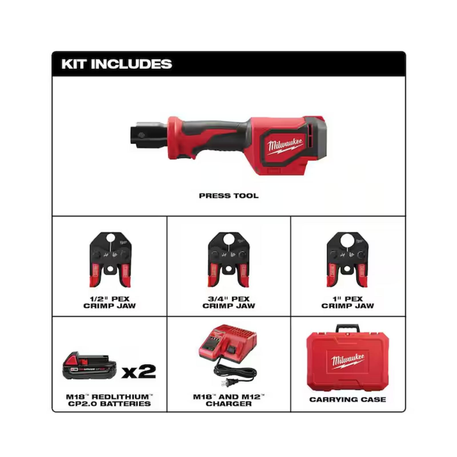 NEW! - Milwaukee M18 18V Lithium-Ion Cordless Short Throw Press Tool Kit with 3 PEX Crimp Jaws (2) 2.0 Ah Batteries and Charger