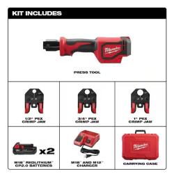 NEW! - Milwaukee M18 18V Lithium-Ion Cordless Short Throw Press Tool Kit with 3 PEX Crimp Jaws (2) 2.0 Ah Batteries and Charger