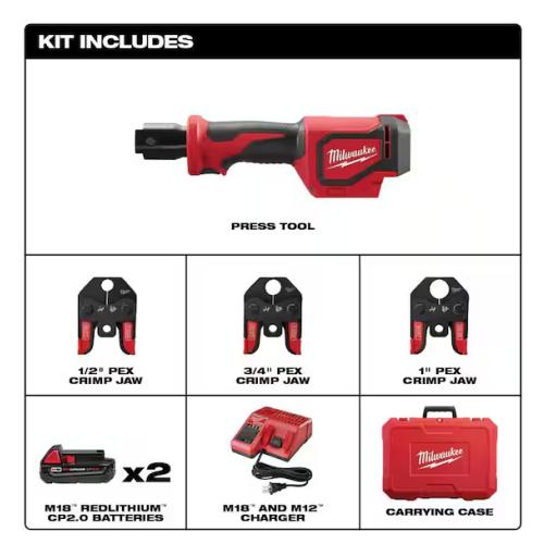 NEW! - Milwaukee M18 18V Lithium-Ion Cordless Short Throw Press Tool Kit with 3 PEX Crimp Jaws (2) 2.0 Ah Batteries and Charger