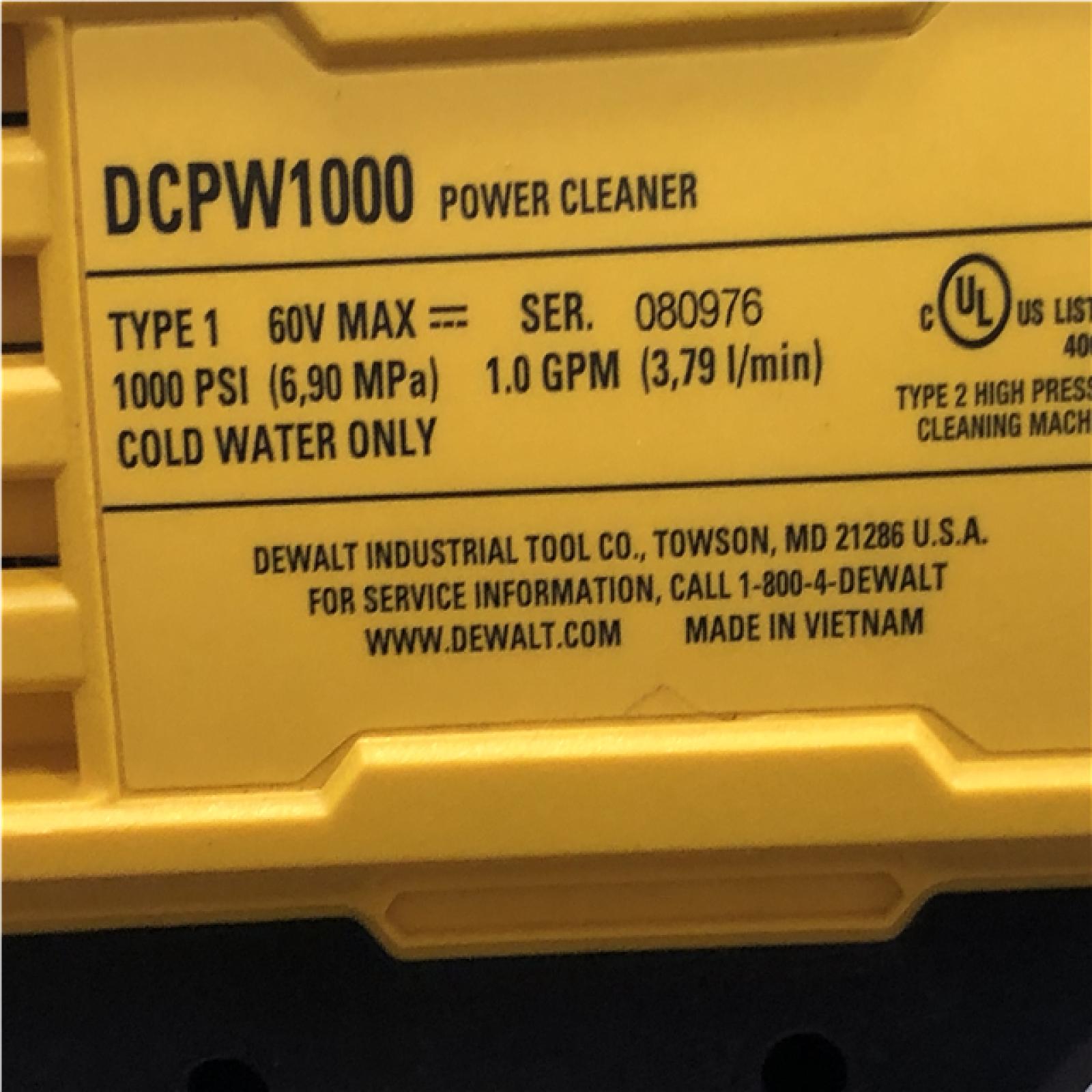 AS-IS DEWALT FLEXVOLT 60V MAX 1000 PSI 1.0 GPM Cold Water Cordless Power Cleaner (Tool Only)