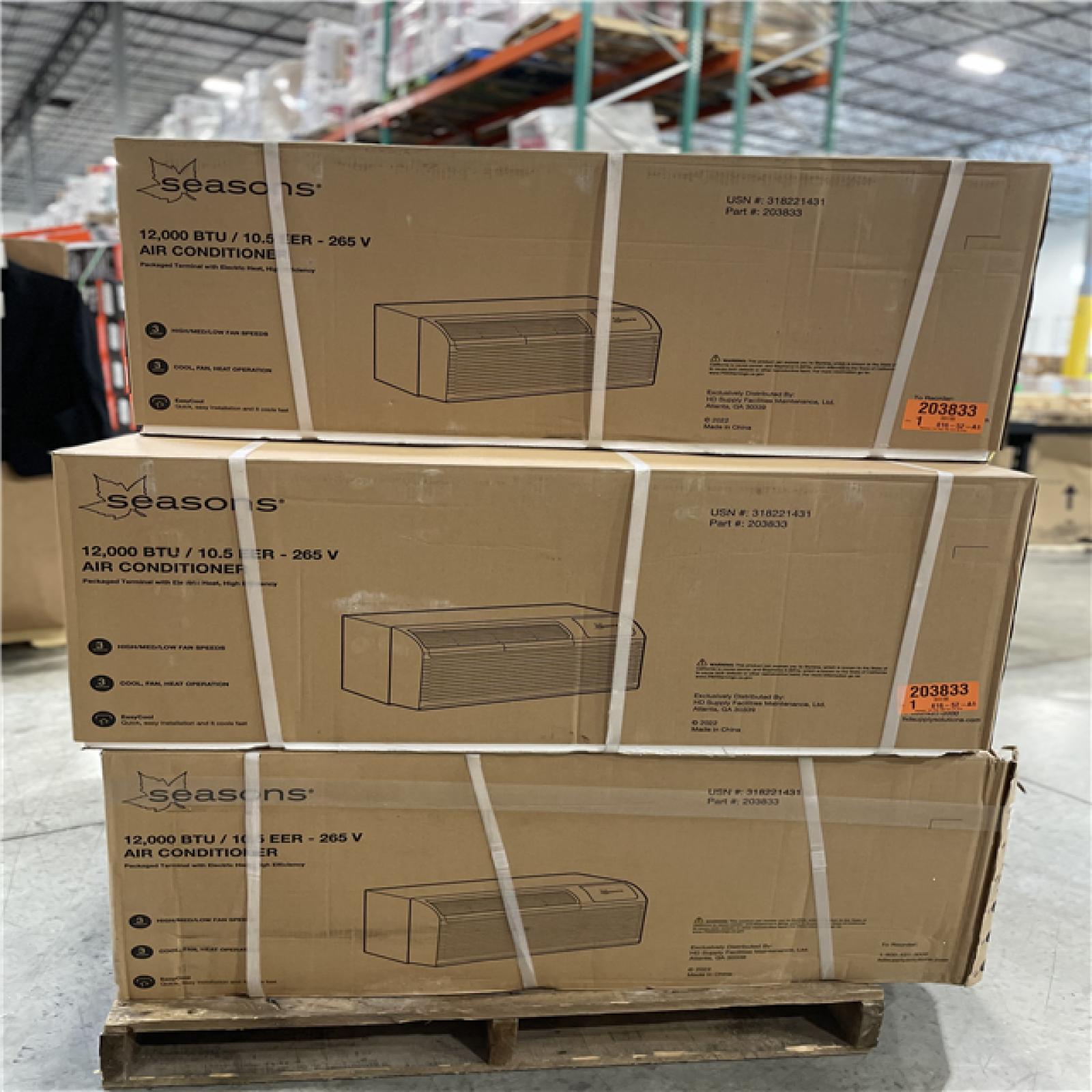 DALLAS LOCATION- AS-IS Seasons 12000BTU 10.5 EER 265 V Air Conditioner Pallet (5 UNITS)