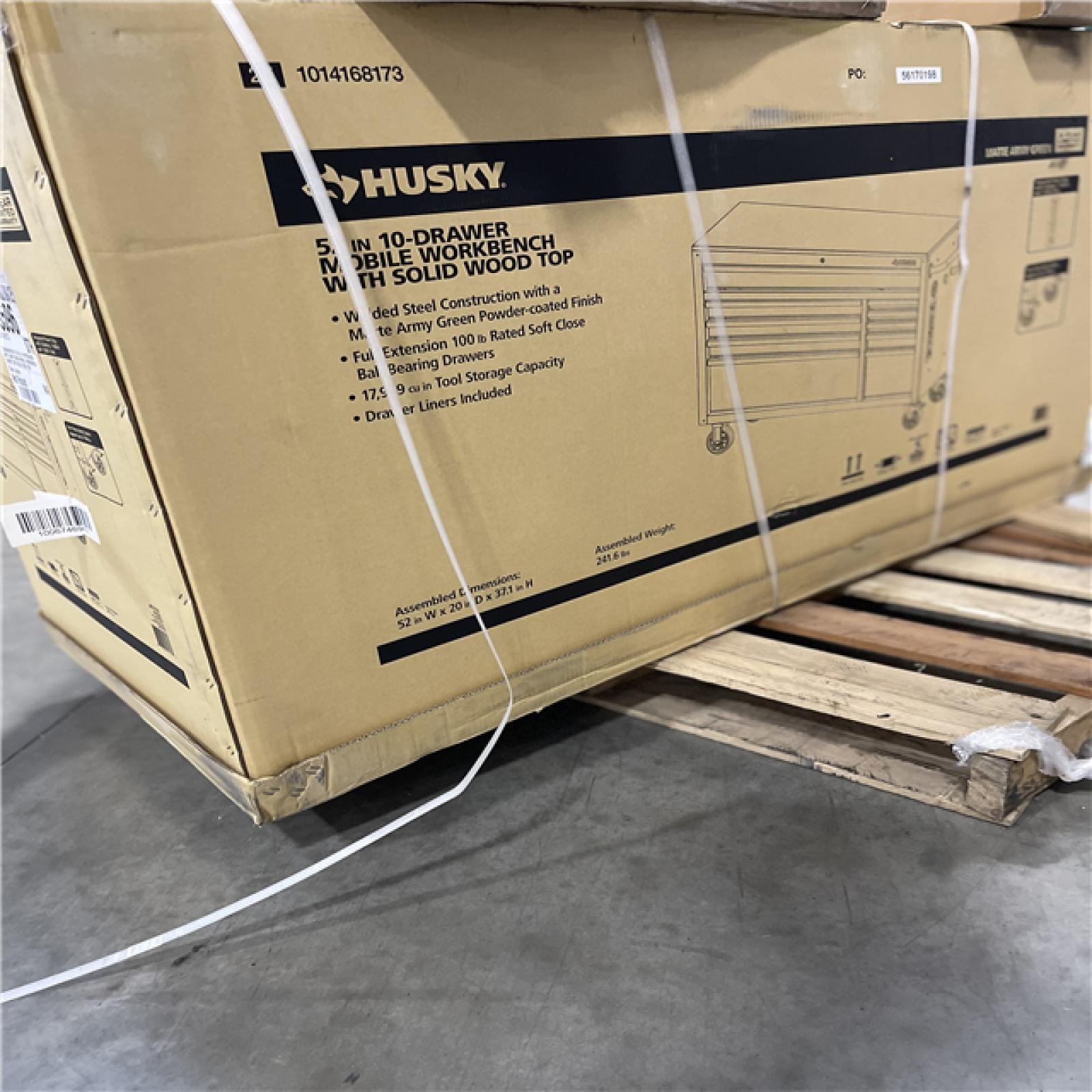 DALLAS LOCATION - Husky Standard-Duty 52 in. W 10-Drawer Matte Army Green Mobile Workbench Cabinet with Solid Wood Top