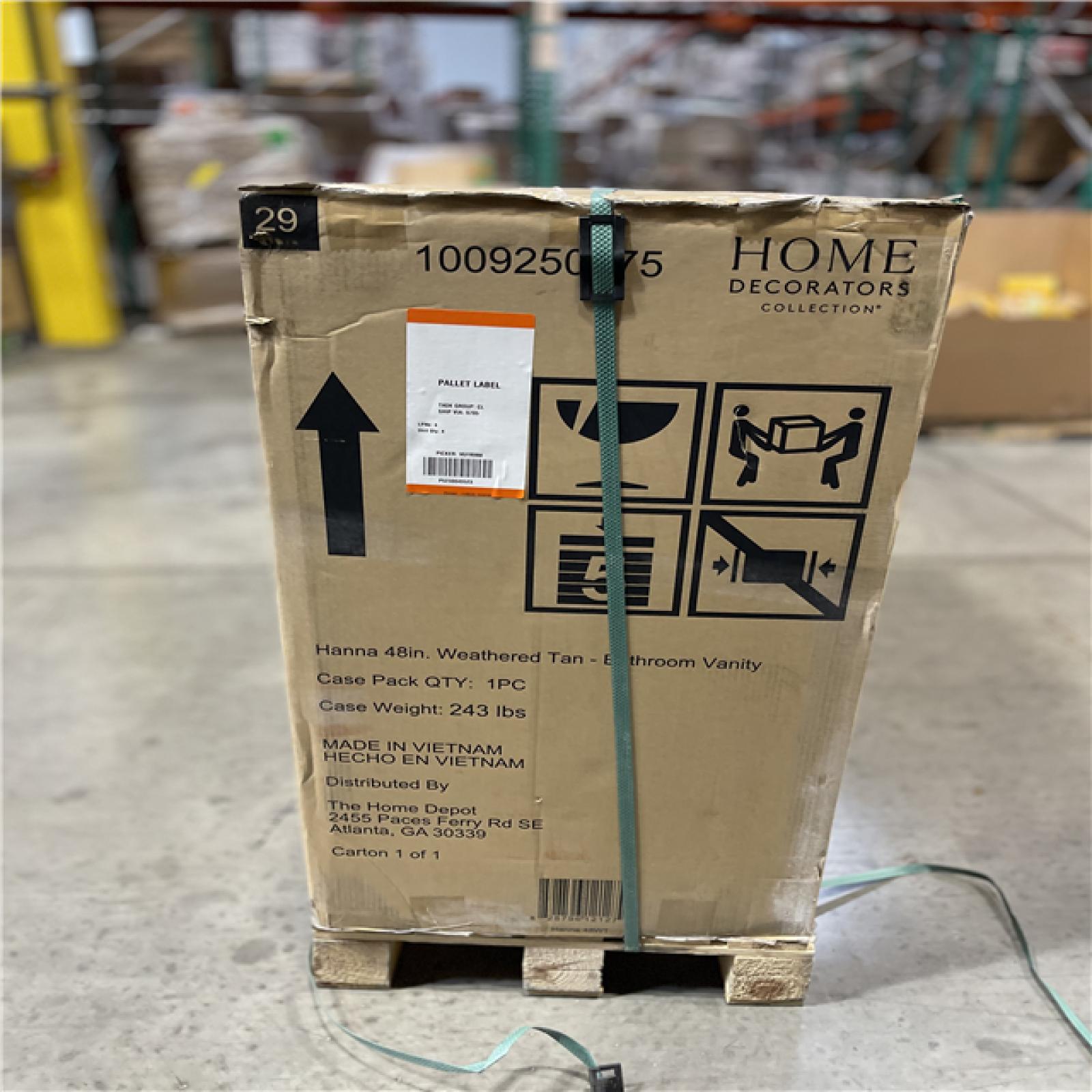 DALLAS LOCATION - Home Decorators Collection Hanna 48 in. Single Sink Weathered Tan Bath Vanity with White Engineered Stone Top (Assembled)