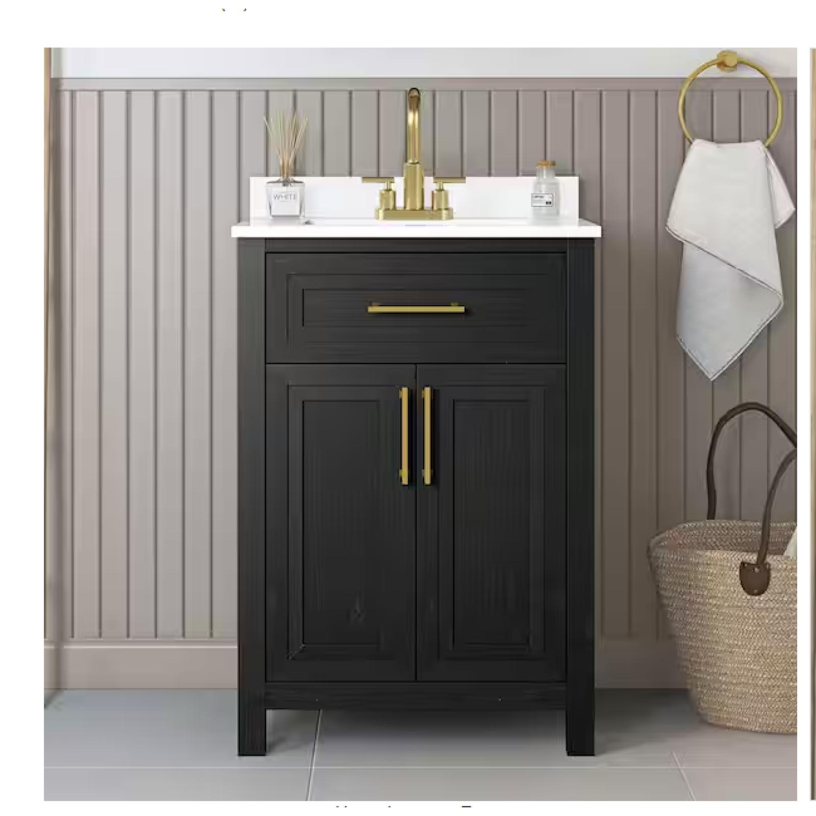 DALLAS LOCATION - Home Decorators Collection Beaufort 24 in. Single Sink Black Bath Vanity with White Engineered Stone Top (Assembled) 10 (UNITS)