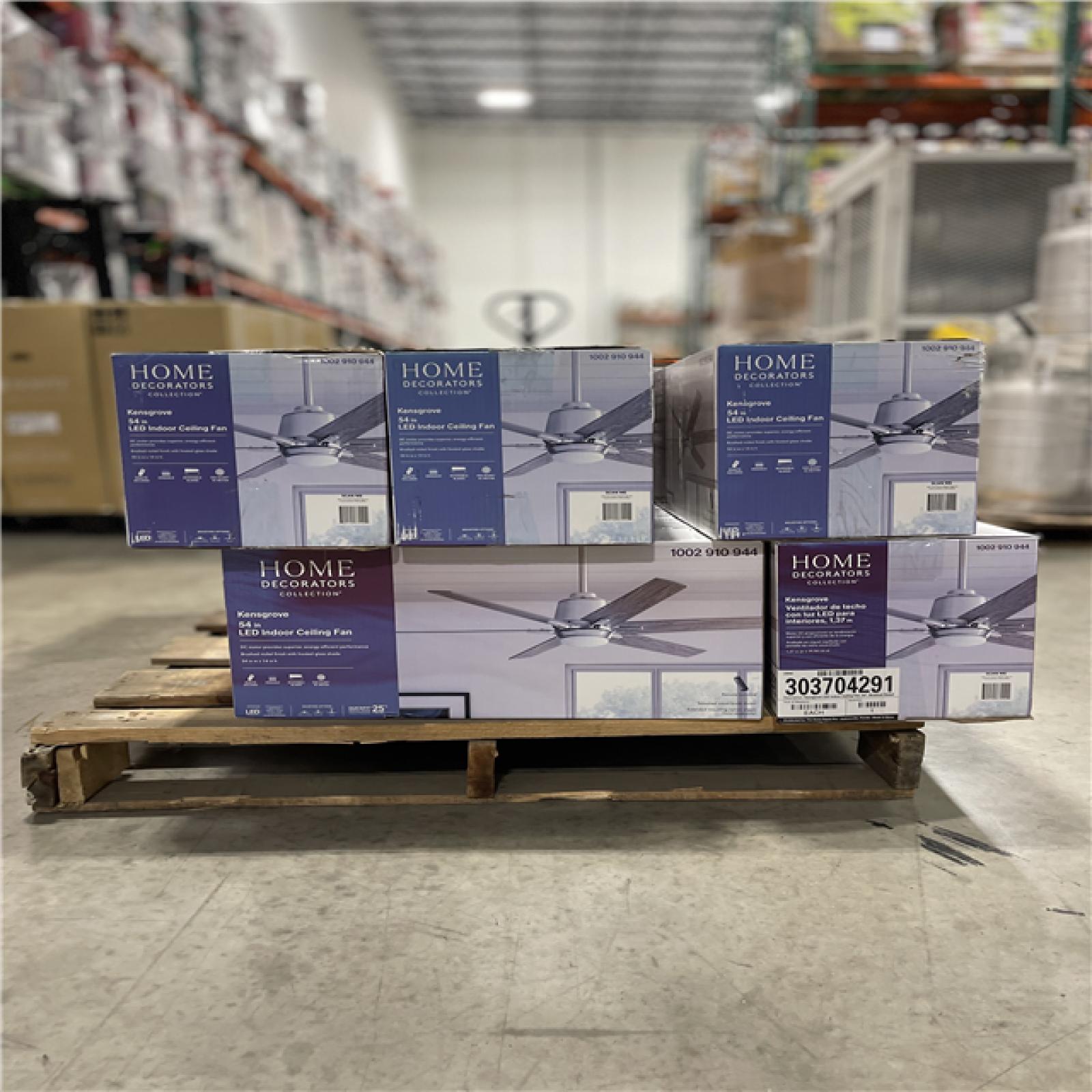 DALLAS LOCATION - Home Decorators Collection Kensgrove 54 in. Integrated LED Indoor Brushed Nickel Ceiling Fan with Light Kit works with Google Assistant and Alexa PALLET- (12 UNITS)