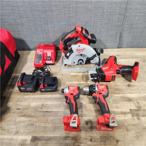 HOUSTON LOCATION - AS-IS Milwaukee M18 18-Volt Lithium-Ion Brushless Cordless Combo Kit (4-Tool) with 2-Batteries, 1-Charger and Tool Bag