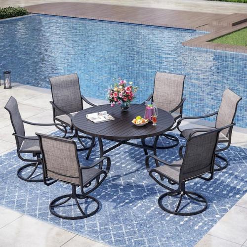 Phoenix AS-IS Black 7-Piece Metal Outdoor Dining Set with Round Table and Textilene Swivel Chairs