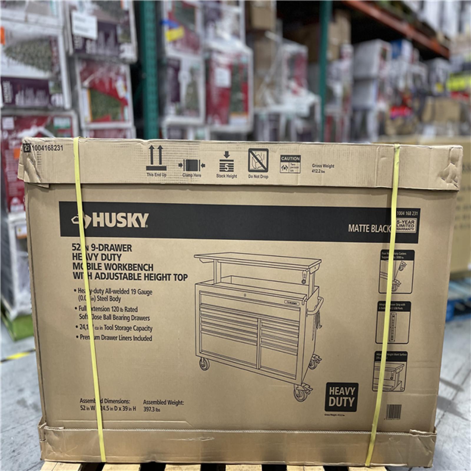 DALLAS LOCATION - Husky 52 in. W x 25 in. D Heavy Duty 9-Drawer Mobile Workbench Cabinet with Adjustable-Height Hardwood Top in Matte Black