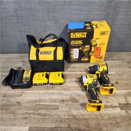HOUSTON LOCATION - AS-IS Dewalt DCK225D2 20V MAX ATOMIC Brushless Compact Lithium-Ion 1/2 in. Cordless Drill Driver and 1/4 in. Impact Driver Combo Kit with 2 Batteries 2 Ah