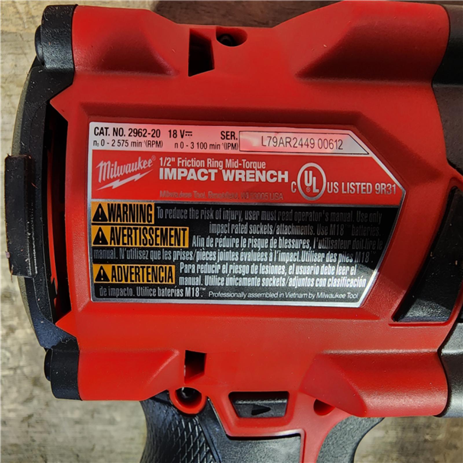 HOUSTON LOCATION - AS-IS (APPEARS LIKE NEW) Milwaukee 2962-20 M18 18V Fuel 1/2 Mid-Torque Impact Wrench Cordless Lithium-Ion Brushless (Tool-Only)