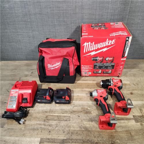 HOUSTON LOCATION - AS-IS Milwaukee M18 18V Lithium-Ion Brushless Cordless Compact Drill/Impact Combo Kit (2-Tool) W/(2) 2.0 Ah Batteries  Charger & Bag