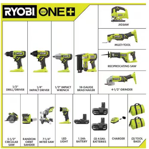 DALLAS LOCATION - RYOBI ONE+ 18V Cordless 12-Tool Combo Kit with (1) 1.5 Ah Battery and (2) 4.0 Ah Batteries and Charger