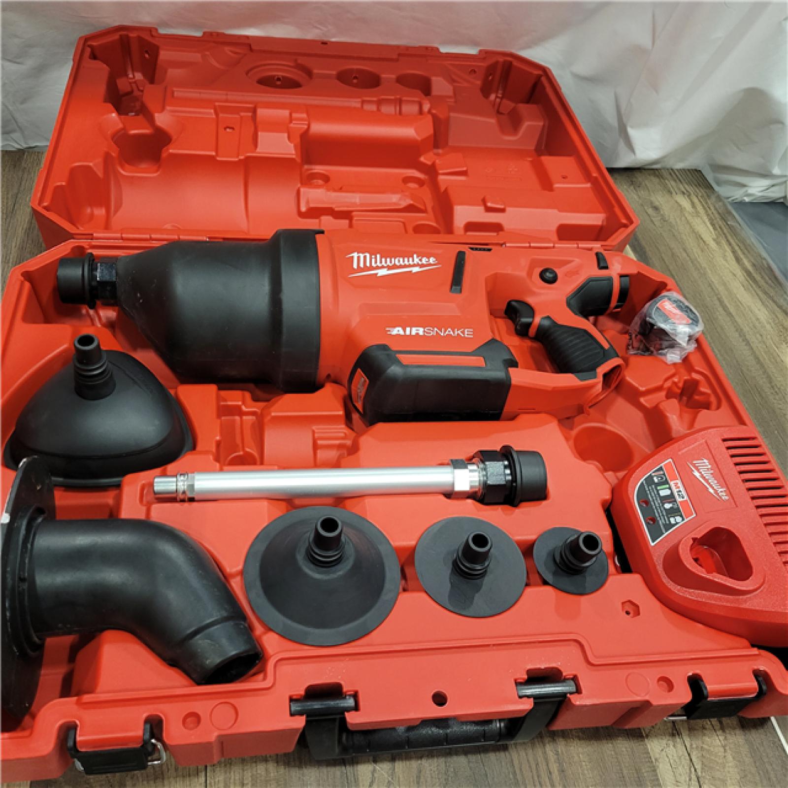 AS-IS  Milwaukee M12 12-Volt Lithium-Ion Cordless Drain Cleaning Airsnake Air Gun Kit with (1) 2.0Ah Battery, Toilet Attachments