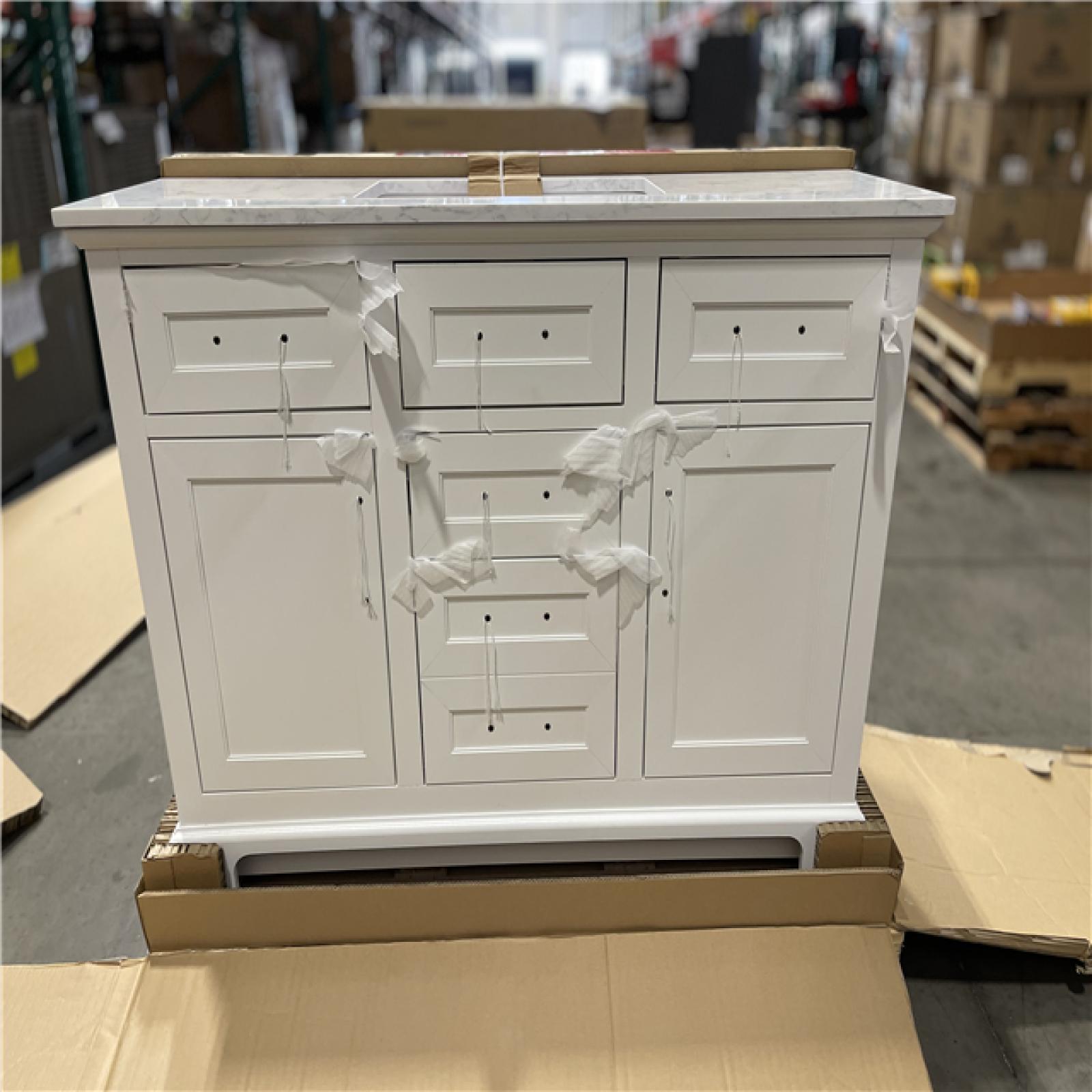 DALLAS LOCATION - Home Decorators Collection Doveton 48 in. Single Sink Freestanding Weathered Tan Bath Vanity with White Engineered Marble Top (Assembled)