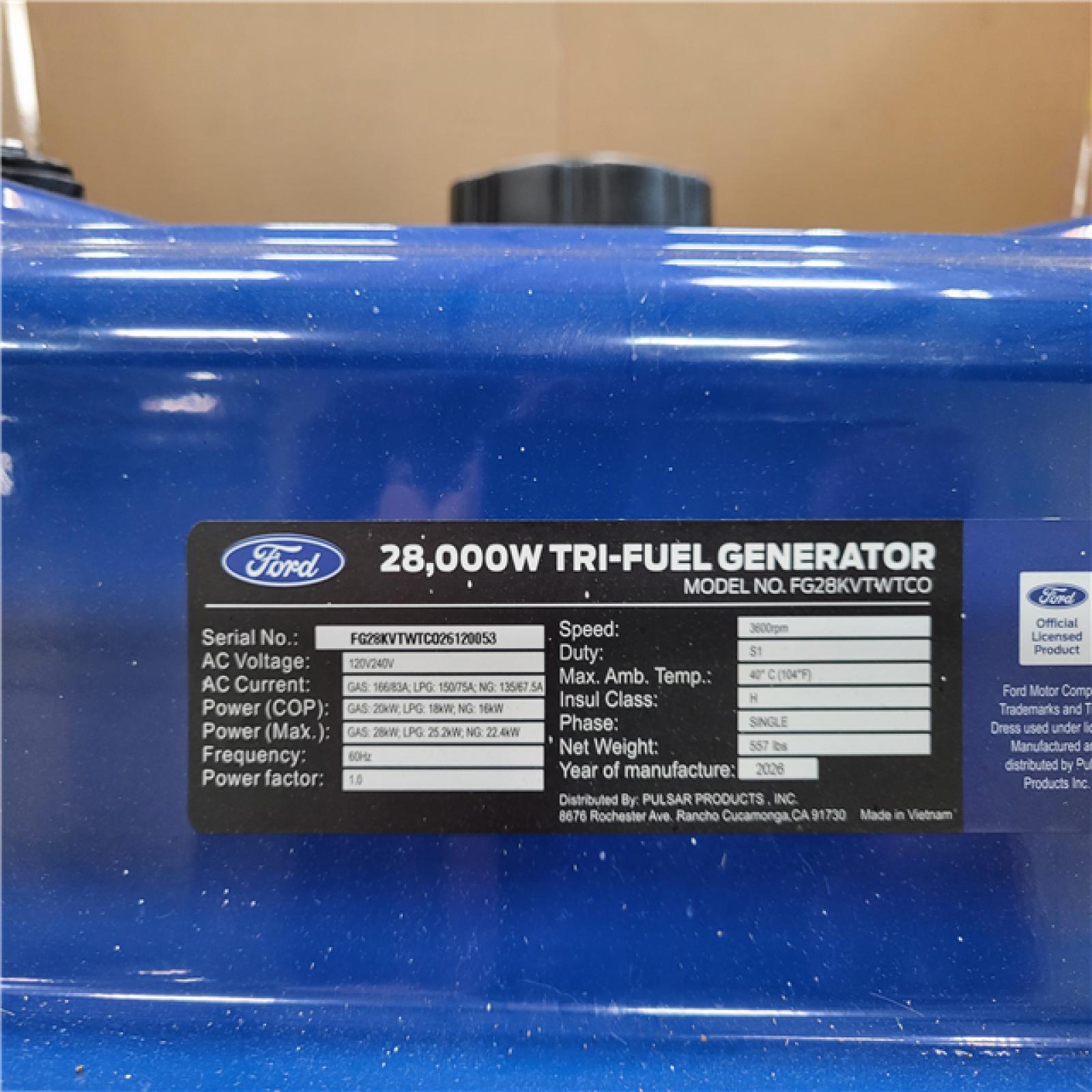 CALIFORNIA AS-IS LIKE NEW  FORD 28 000-WATT ELECTRIC SWITCH AND REMOTE START TRI-FUEL GASOLINE AND PROPANE PORTABLE GENERATOR