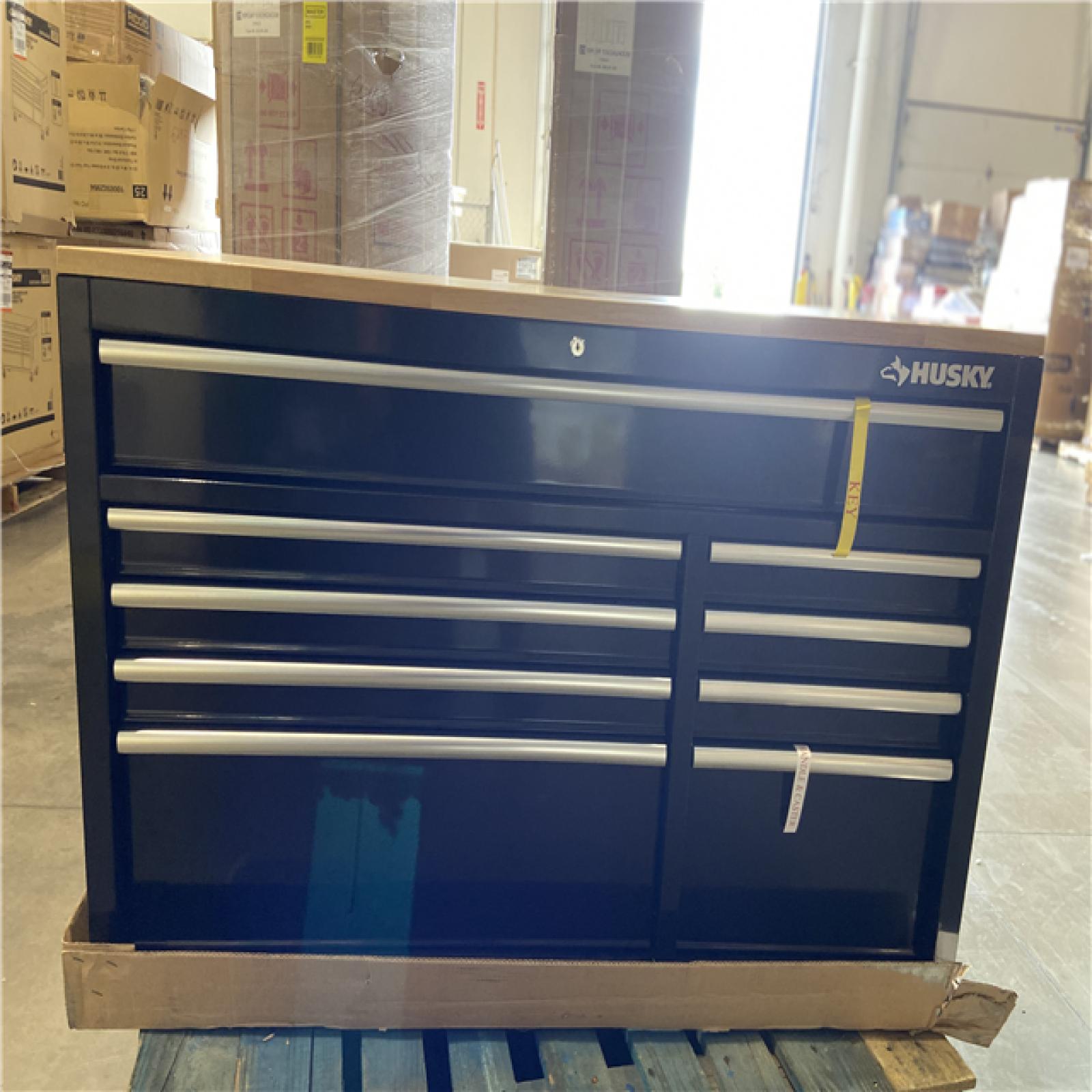 DALLAS LOCATION - Husky 52 in. W x 25 in. D Standard Duty 9-Drawer Mobile Workbench Tool Chest with Solid Wood Top in Gloss Black