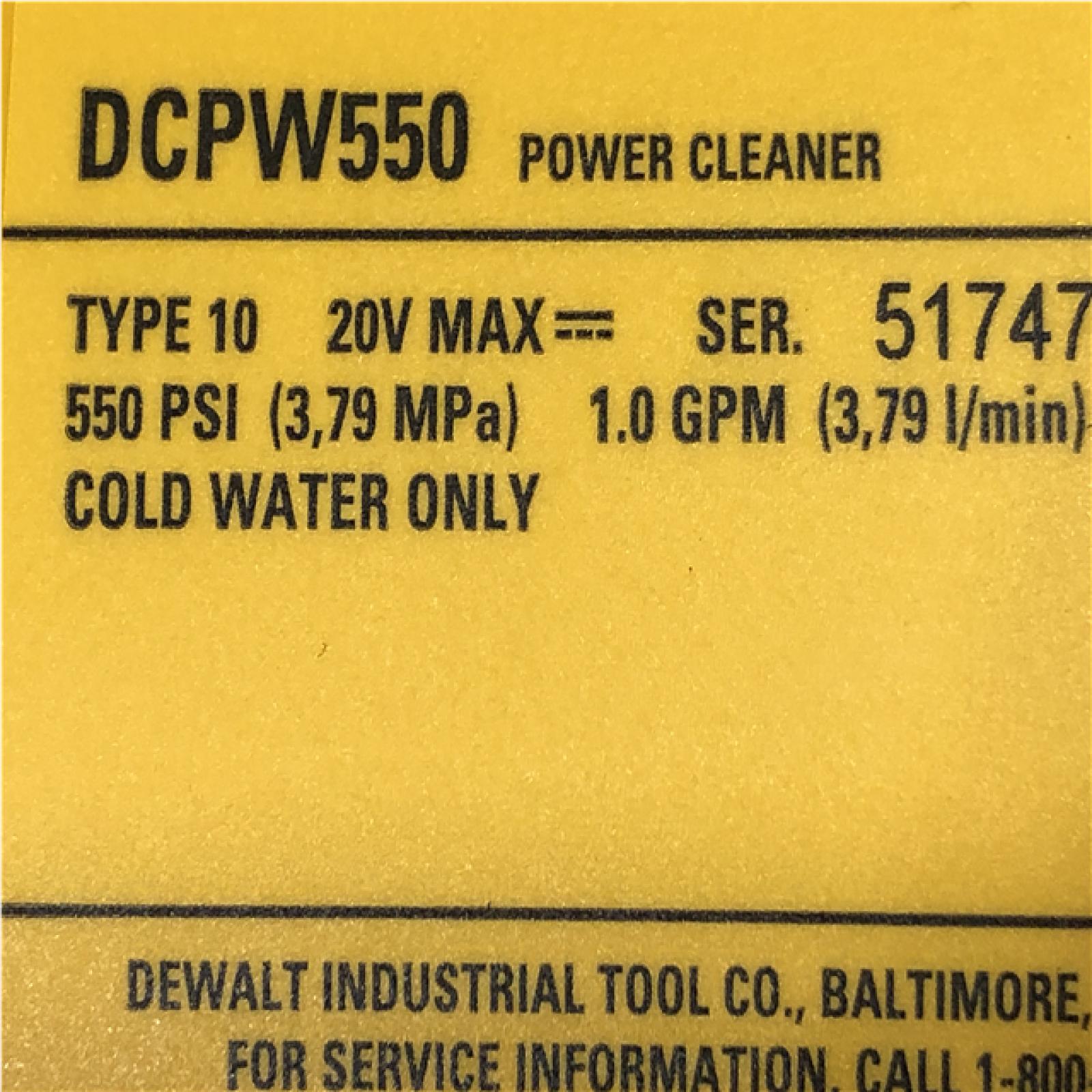 AS-IS DEWALT 20V MAX 550 PSI 1.0 GPM Cold Water Cordless Power Cleaner with 4-Nozzles (Tool Only)