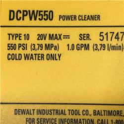 AS-IS DEWALT 20V MAX 550 PSI 1.0 GPM Cold Water Cordless Power Cleaner with 4-Nozzles (Tool Only)