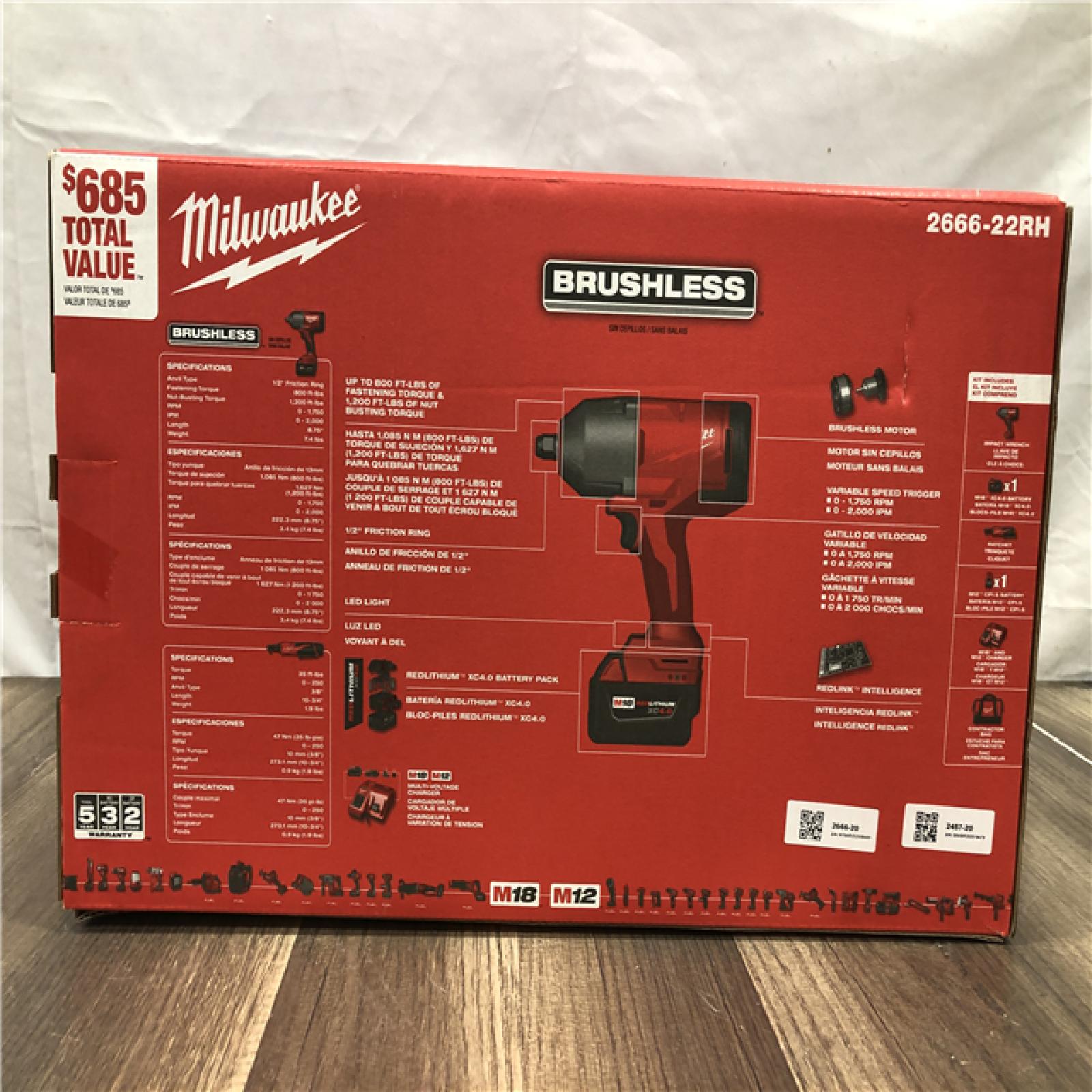 NEW-Milwaukee 12/18V Lithium-Ion Cordless 3/8 in. Ratchet and 1/2 in. High Torque Impact Wrench with Friction Ring Combo Kit