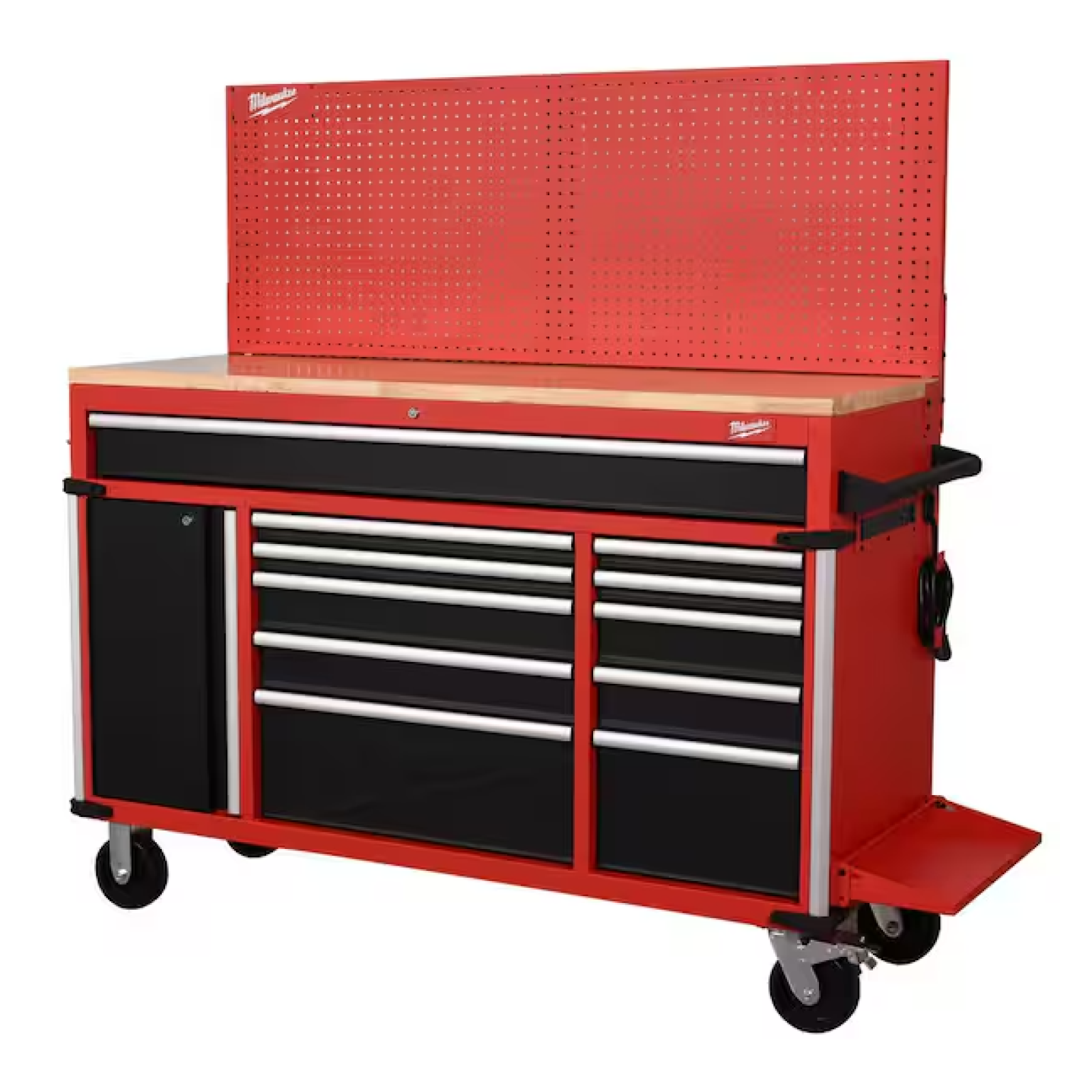 DALLAS LOCATION - MILWAUKEE 61 in. W x 22.1 in D 11-Drawer Mobile Workbench Cabinet W/ Wood Top and Pegboard