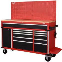 DALLAS LOCATION - MILWAUKEE 61 in. W x 22.1 in D 11-Drawer Mobile Workbench Cabinet W/ Wood Top and Pegboard