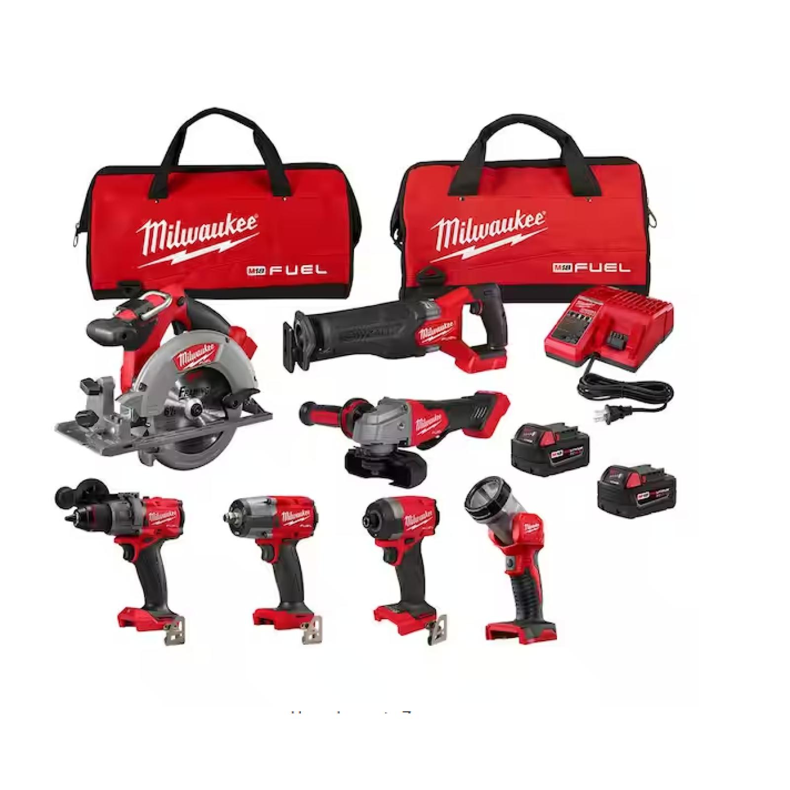 NEW! - Milwaukee M18 FUEL 18V Lithium-Ion Brushless Cordless Combo Kit with Two 5.0 Ah Batteries  1 Charger  2 Tool Bags (7-Tool)