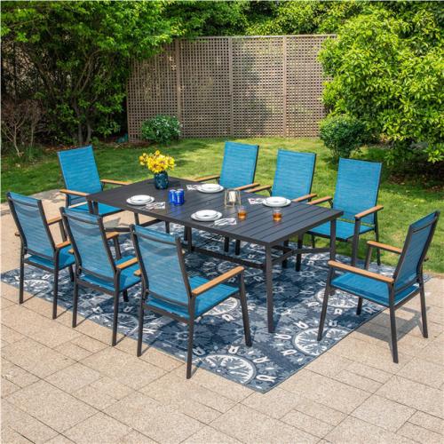 Phoenix NEW PHI VILLA Black 9-Piece Metal Outdoor Patio Dining Set with Slat Rectangle Table and Stackable Aluminum Chairs