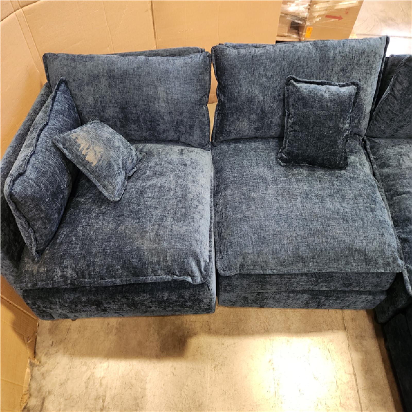 Phoenix AS-IS GOJANE 112.2 in. Square Arm L-Shaped Chenille Deluxe Pillow-Styled Modular Sectional Sofa in. Blue with 1 Ottoman