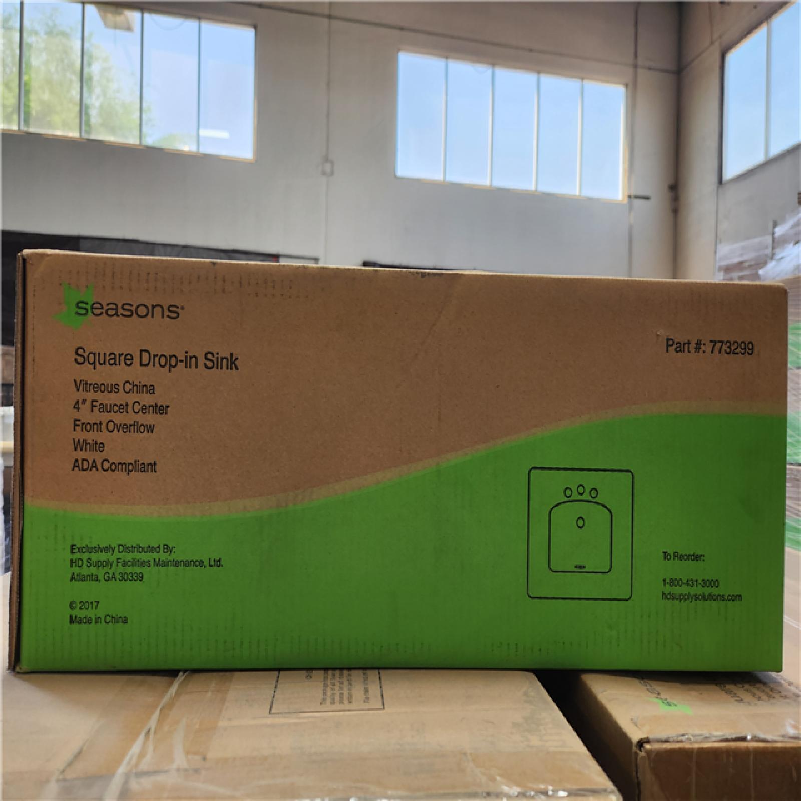 Phoenix Location NEW Seasons Square Drop-in Sink Vitreous China 4 Faucet Center Front Overflow White ADA Compliant Pallet  (19 Sinks) (Sealed)