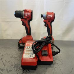 AS-IS- Milwaukee M18 18V Lithium-Ion Brushless Cordless Compact Drill/Impact Combo Kit (2-Tool) W/(2) 2.0 Ah Batteries  Charger & Bag