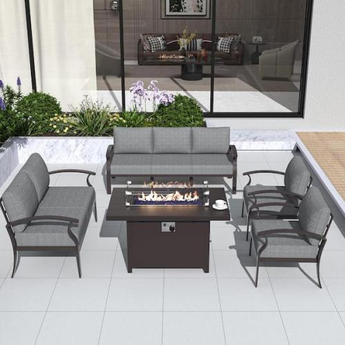 Phoenix NEW Halmuz 6-Piece Aluminum Patio Conversation Set with Armrest  55000 BTU Firepit Table and Grey Cushions