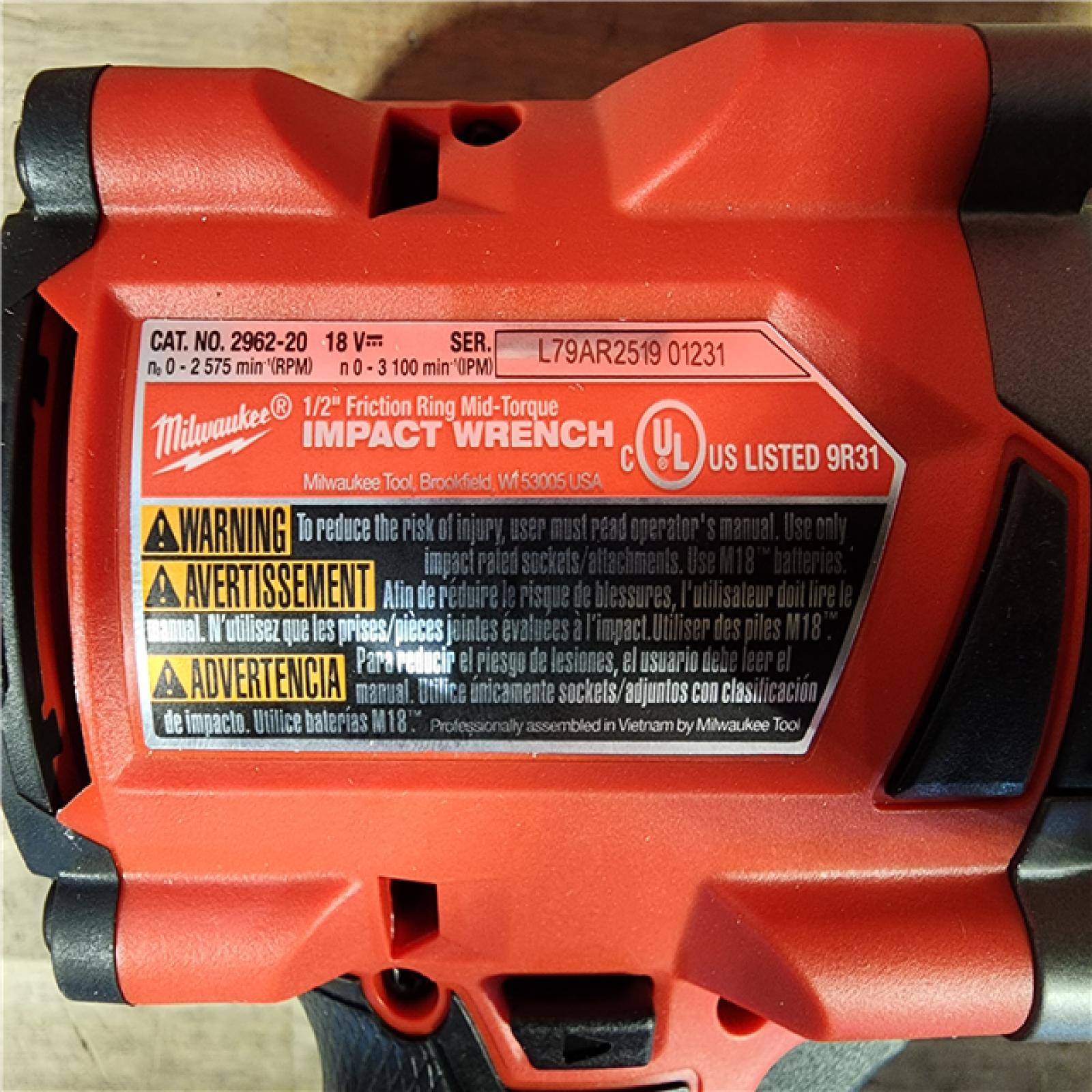 HOUSTON LOCATION - AS-IS (APPEARS LIKE NEW) Milwaukee M18 18V Fuel 1/2 Mid-Torque Impact Wrench Cordless Lithium-Ion Brushless with Friction Ring 2962-20