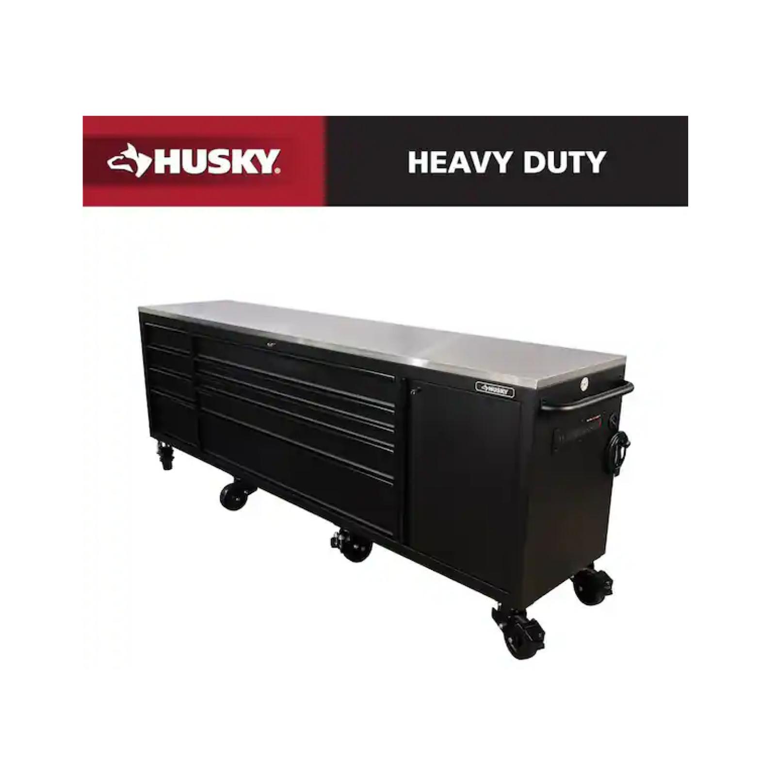 DALLAS LOCATION - AS-IS Husky 108 in. W x 24 in. D 9-Drawer Heavy-Duty Mobile Workbench with Stainless Steel Top in Matte Black