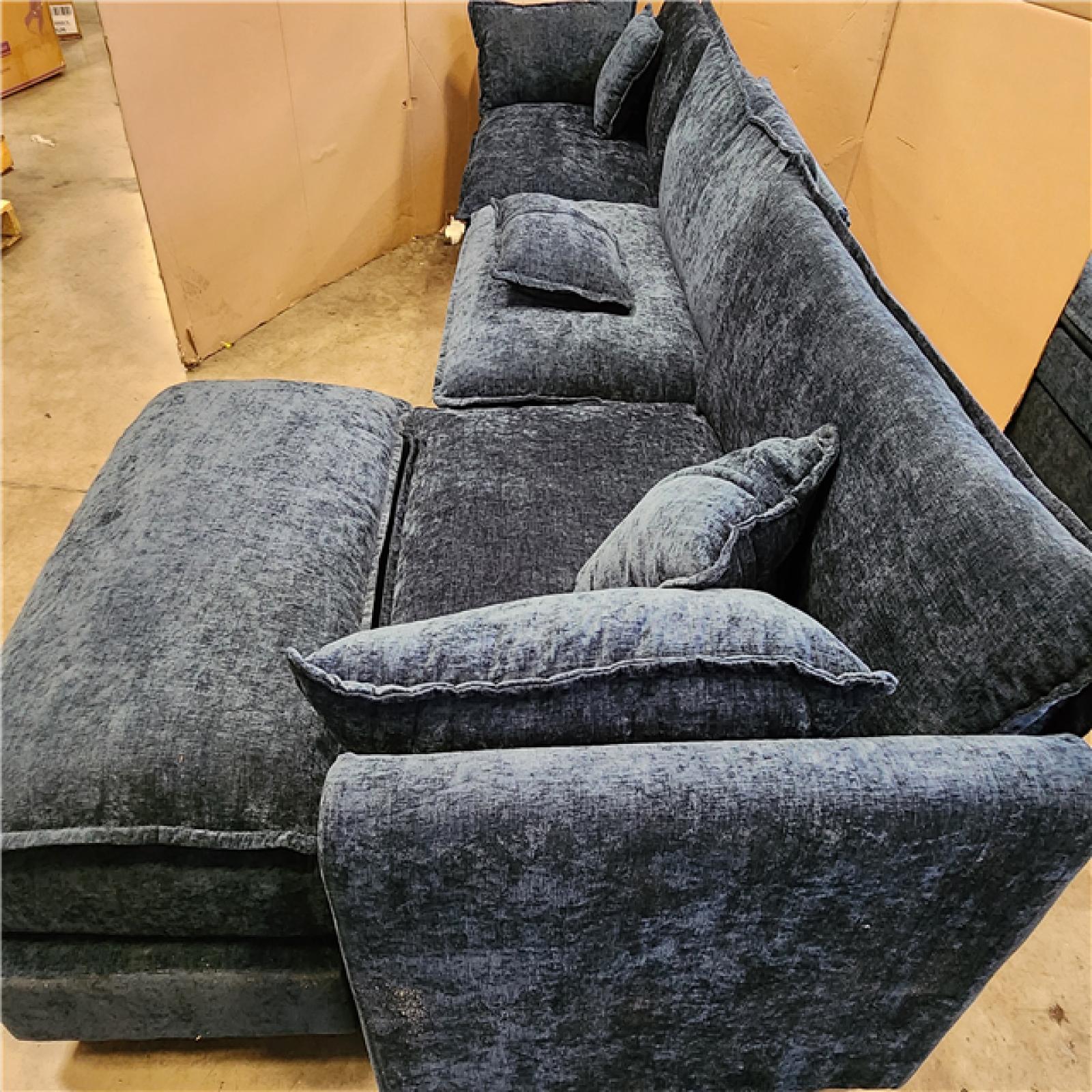 Phoenix AS-IS GOJANE 112.2 in. Square Arm L-Shaped Chenille Deluxe Pillow-Styled Modular Sectional Sofa in. Blue with 1 Ottoman